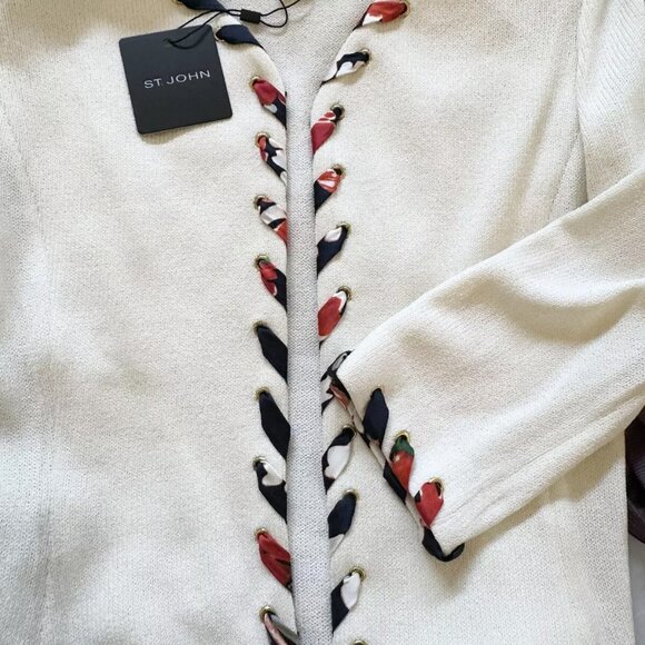 NWT $1395 St. John Santana Knit White Lace Trimmed Sweater Blazer Cardigan Sz 2 - Picture 2 of 7